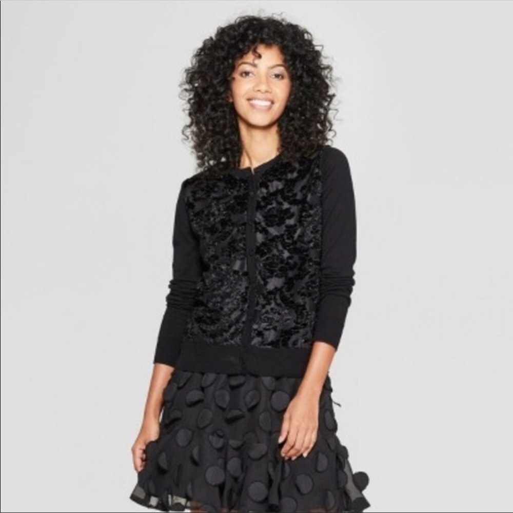 A New Day Size Large Black Velvet Knit Floral Button Up Cardigan